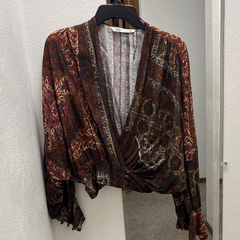 Zara Paisley Wrap Blouse in Burgundy, Olive and Cream with sinched waist